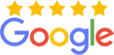 Google logo with five gold stars above it, representing excellent customer reviews or ratings.