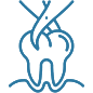 Stylized blue icon of a tooth with hands performing dental care or treatment