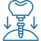 Dental implant icon showing tooth fixture with downward arrows on blue background